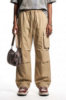 Drawstring Wide-Leg Cargo Trousers in Khaki - front modeled view