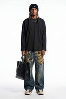 High-Stretch Loop-Trim Long-Sleeve T-Shirt in Black - full-length front modeled view