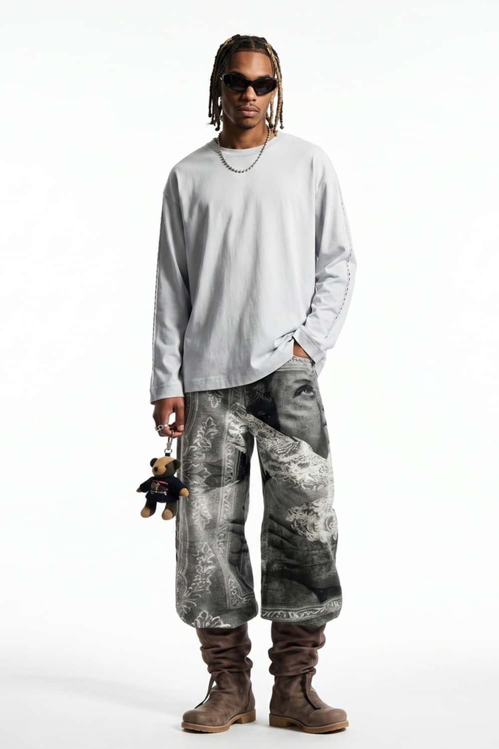 High-Stretch Loop-Trim Long-Sleeve T-Shirt in Grayish White - full-length front modeled view