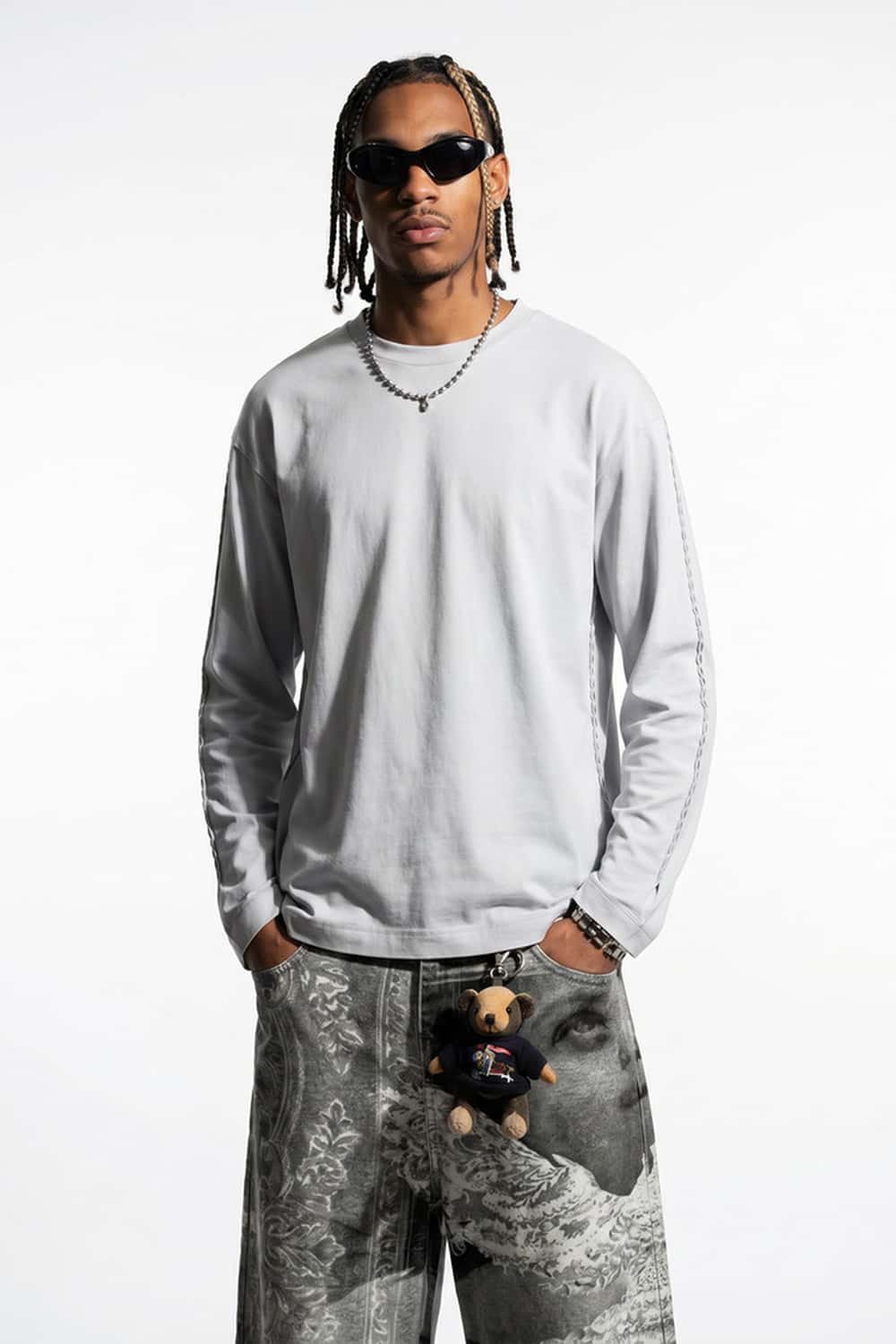 High-Stretch Loop-Trim Long-Sleeve T-Shirt in Grayish White - front modeled close-up