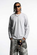 High-Stretch Loop-Trim Long-Sleeve T-Shirt in Grayish White - front modeled close-up
