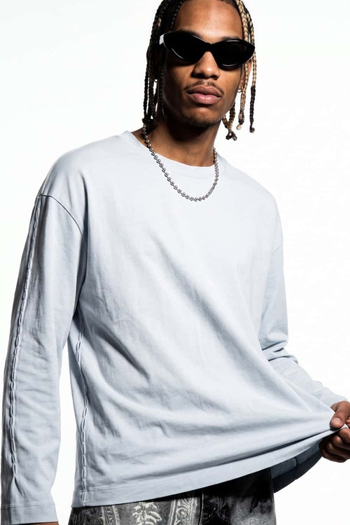 High-Stretch Loop-Trim Long-Sleeve T-Shirt in Grayish White - front modeled close-up