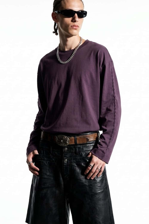 High-Stretch Loop-Trim Long-Sleeve T-Shirt in Purple - front modeled close-up