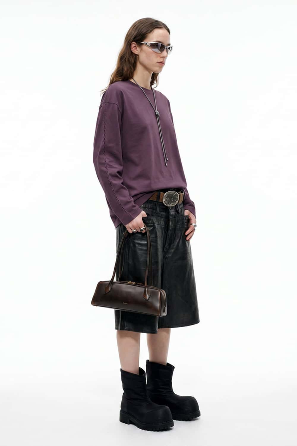 High-Stretch Loop-Trim Long-Sleeve T-Shirt in Purple - full-length front modeled view