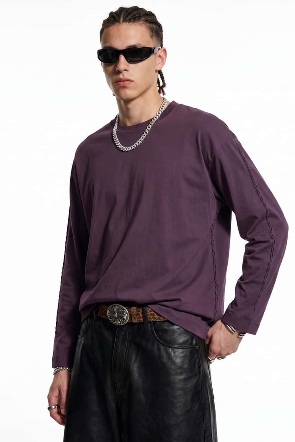 High-Stretch Loop-Trim Long-Sleeve T-Shirt in Purple - front modeled close-up