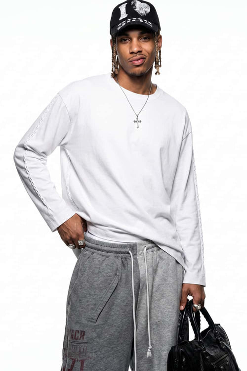 High-Stretch Loop-Trim Long-Sleeve T-Shirt in White - front modeled close-up