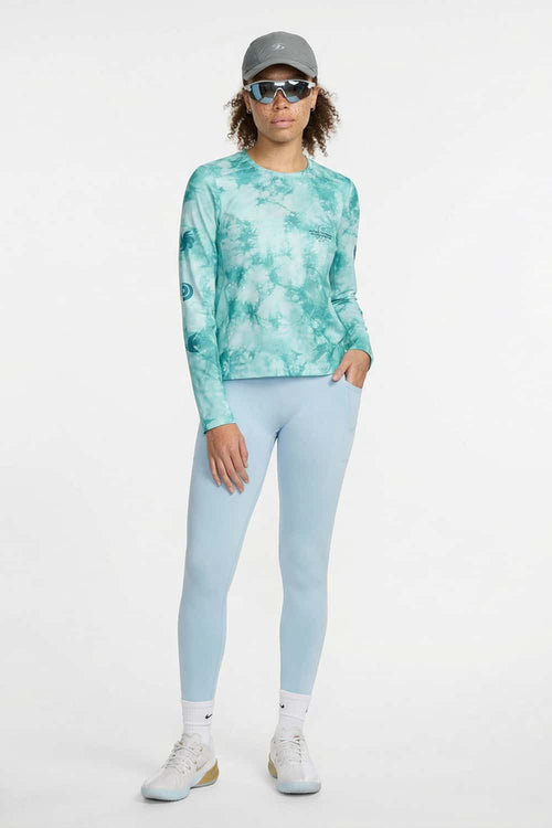 Moisture-Wicking Cloud Graphic Long-Sleeve T-Shirt in Middle Cyan - full-length front modeled view