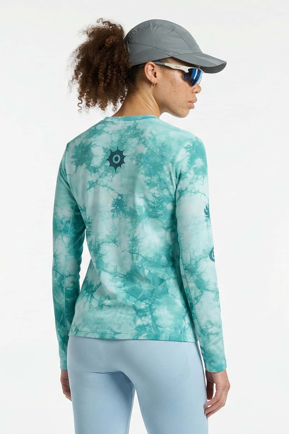 Moisture-Wicking Cloud Graphic Long-Sleeve T-Shirt in Middle Cyan - back modeled view