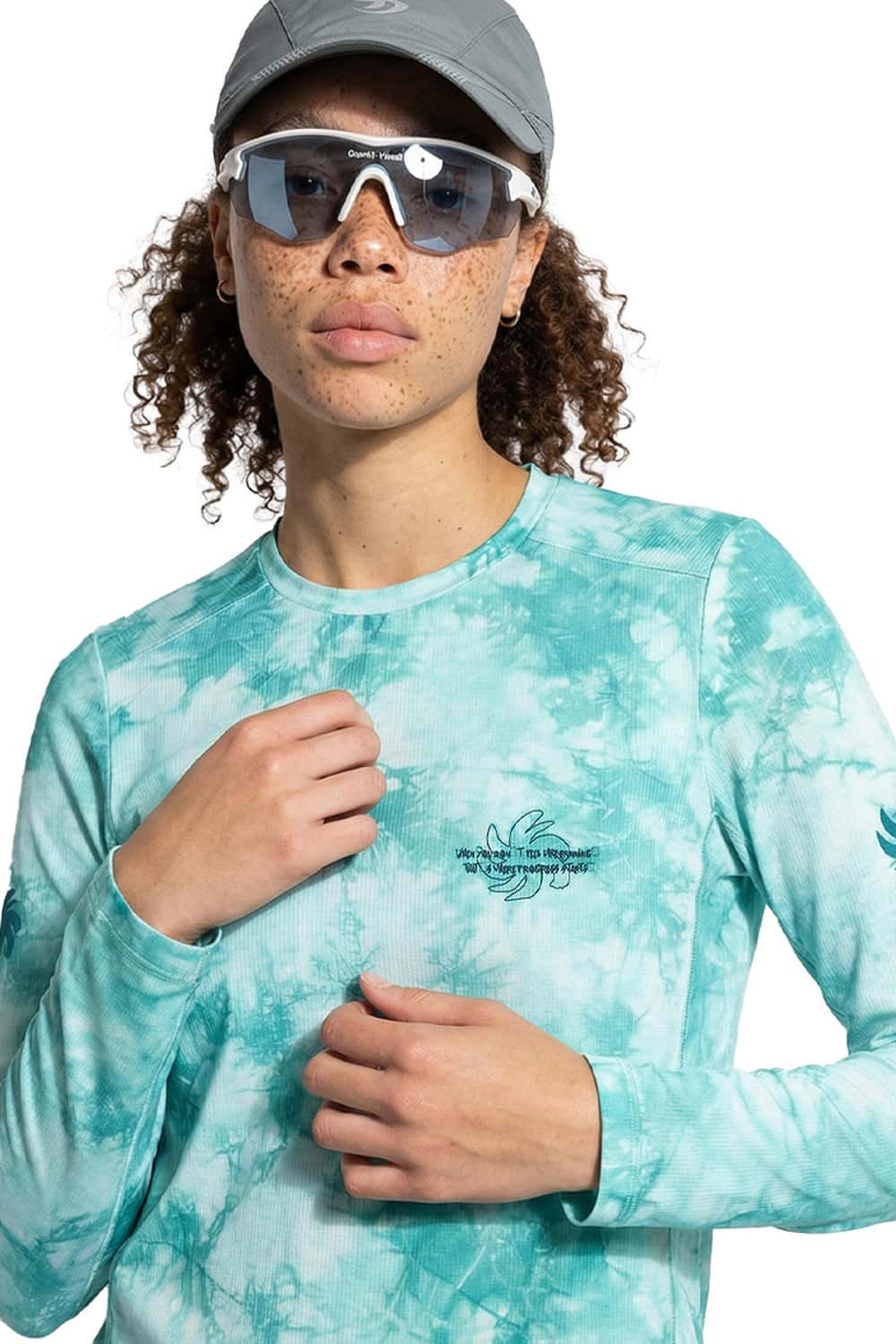 Moisture-Wicking Cloud Graphic Long-Sleeve T-Shirt in Middle Cyan - front modeled close-up