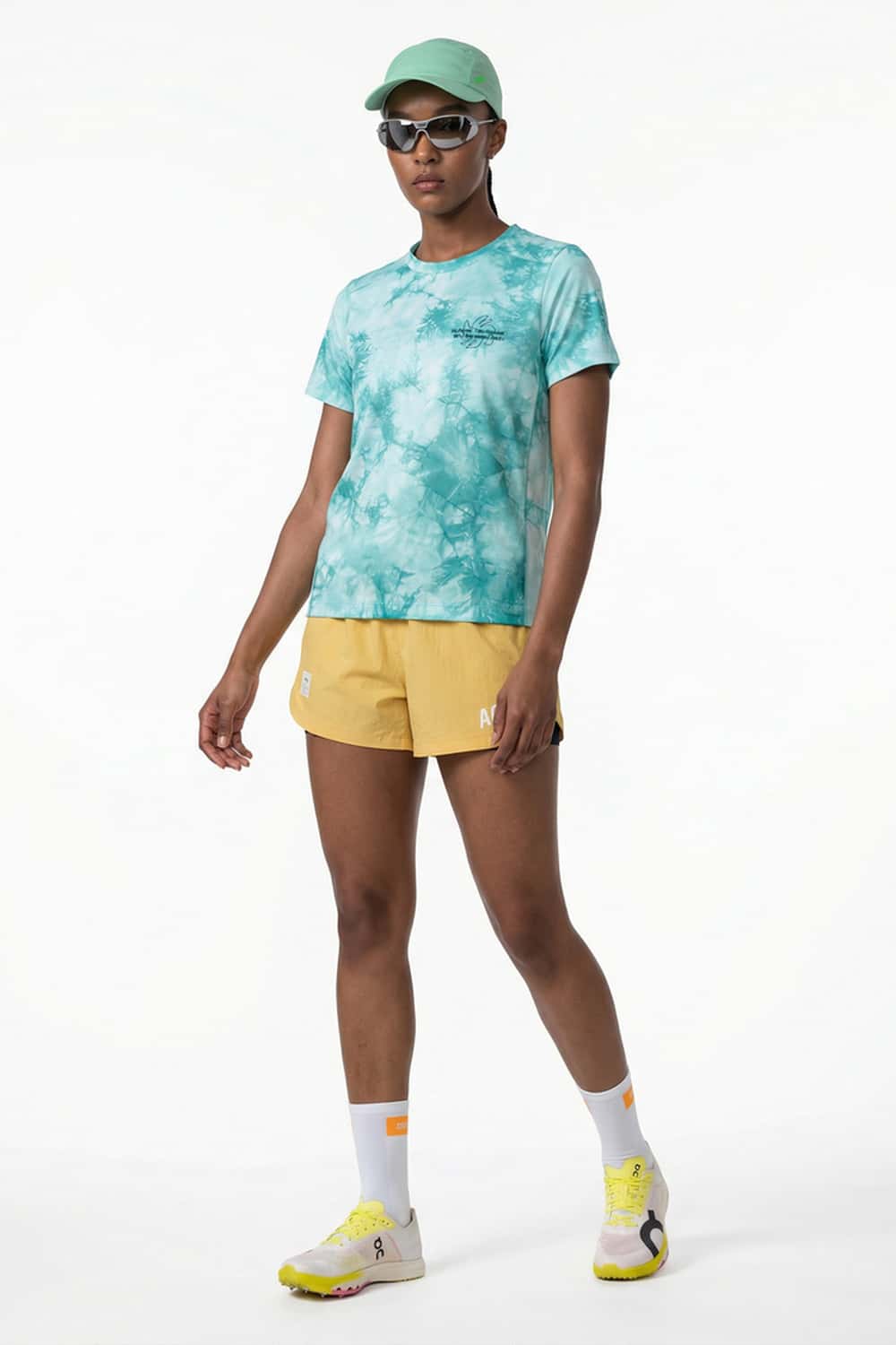 Abstract-Print Fitted T-Shirt in Middle Cyan - full-length front modeled view