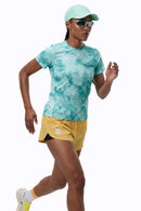 Abstract-Print Fitted T-Shirt in Middle Cyan - full-length front modeled view