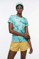 Abstract-Print Fitted T-Shirt in Middle Cyan - front modeled view