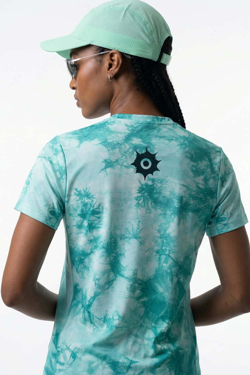 Abstract-Print Fitted T-Shirt in Middle Cyan - front modeled view