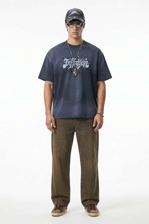 Distressed Floral Graphic Cotton T-Shirt in Dark Gray - full-length front modeled view