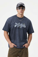 Distressed Floral Graphic Cotton T-Shirt in Dark Gray - front modeled close-up