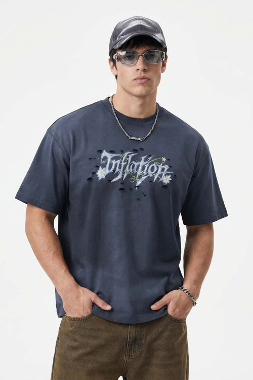 Distressed Floral Graphic Cotton T-Shirt in Dark Gray - front modeled close-up