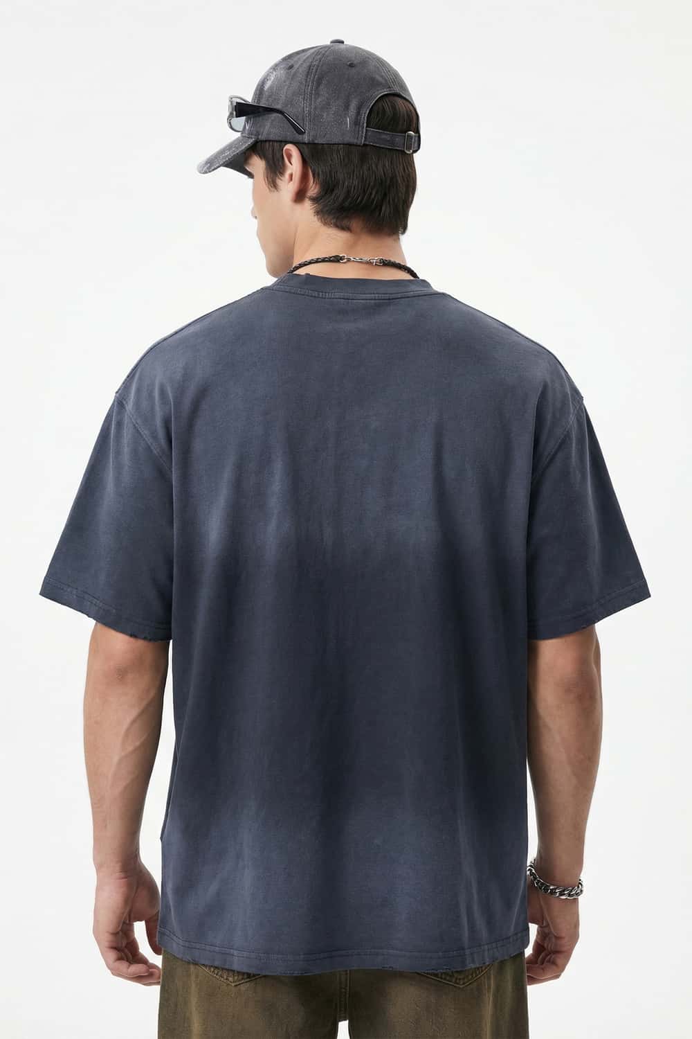 Distressed Floral Graphic Cotton T-Shirt in Dark Gray - back modeled view