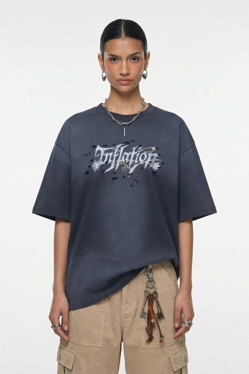 Distressed Floral Graphic Cotton T-Shirt in Dark Gray - front modeled close-up