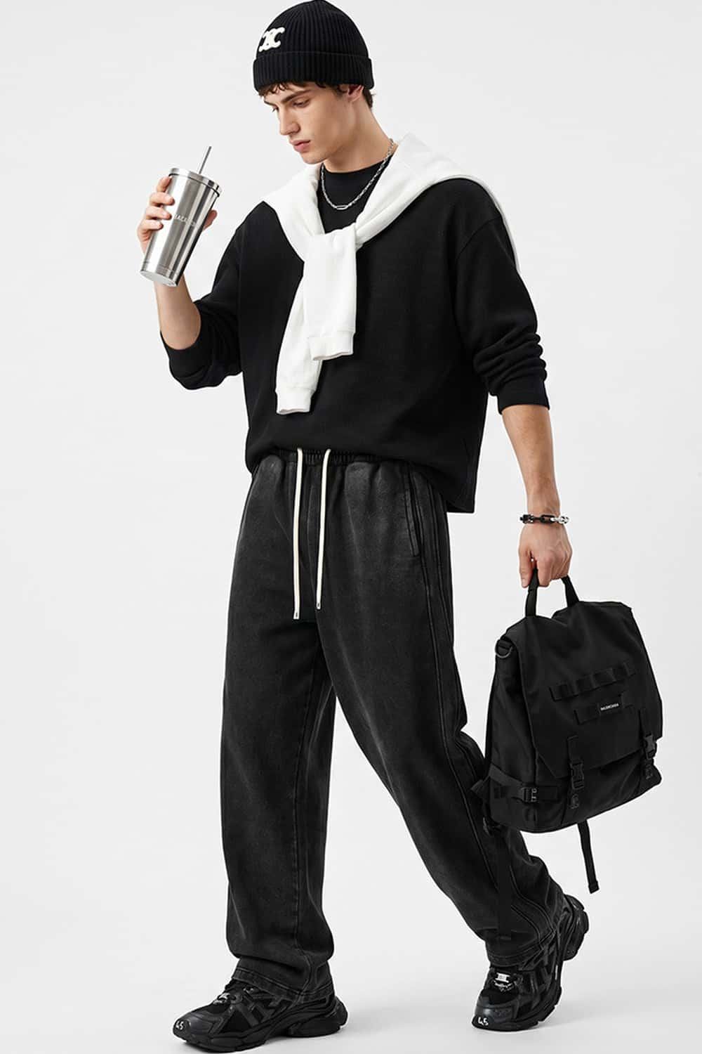 Waffle-Texture Long-Sleeve Top in Black - full-length front modeled view