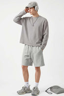 Waffle-Texture Long-Sleeve Top in Flower Gray - full-length front modeled view
