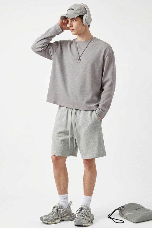 Waffle-Texture Long-Sleeve Top in Flower Gray - full-length front modeled view