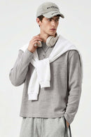 Waffle-Texture Long-Sleeve Top in Flower Gray - front modeled view