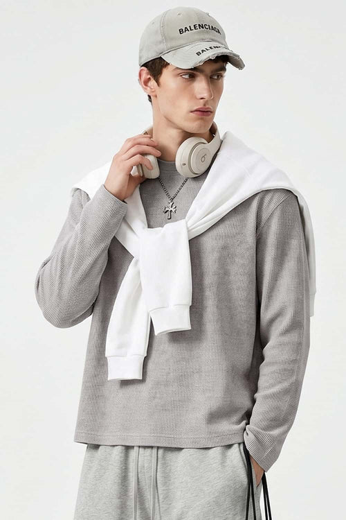 Waffle-Texture Long-Sleeve Top in Flower Gray - front modeled view