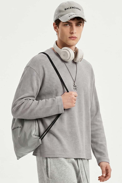 Waffle-Texture Long-Sleeve Top in Flower Gray - front modeled view