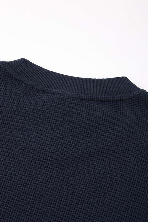 Waffle-Texture Long-Sleeve Top in Navy Blue - collar detail