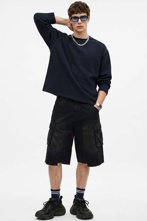 Waffle-Texture Long-Sleeve Top in Navy Blue - full-length front modeled view