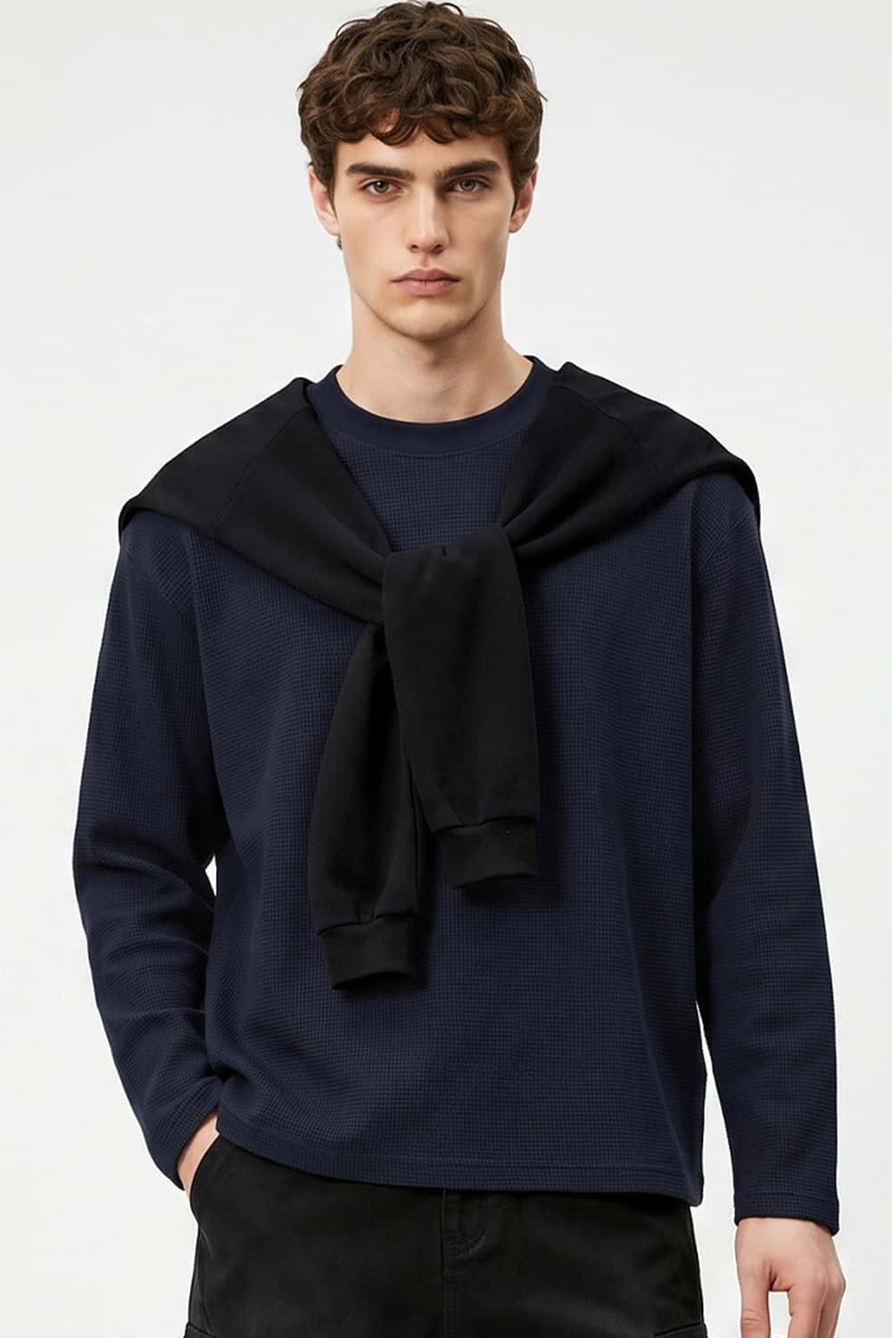 Waffle-Texture Long-Sleeve Top in Navy Blue - front modeled view