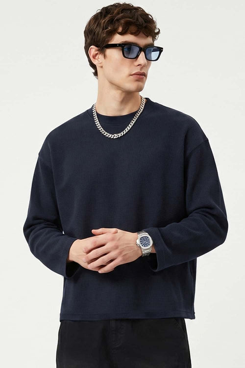 Waffle-Texture Long-Sleeve Top in Navy Blue - front modeled view