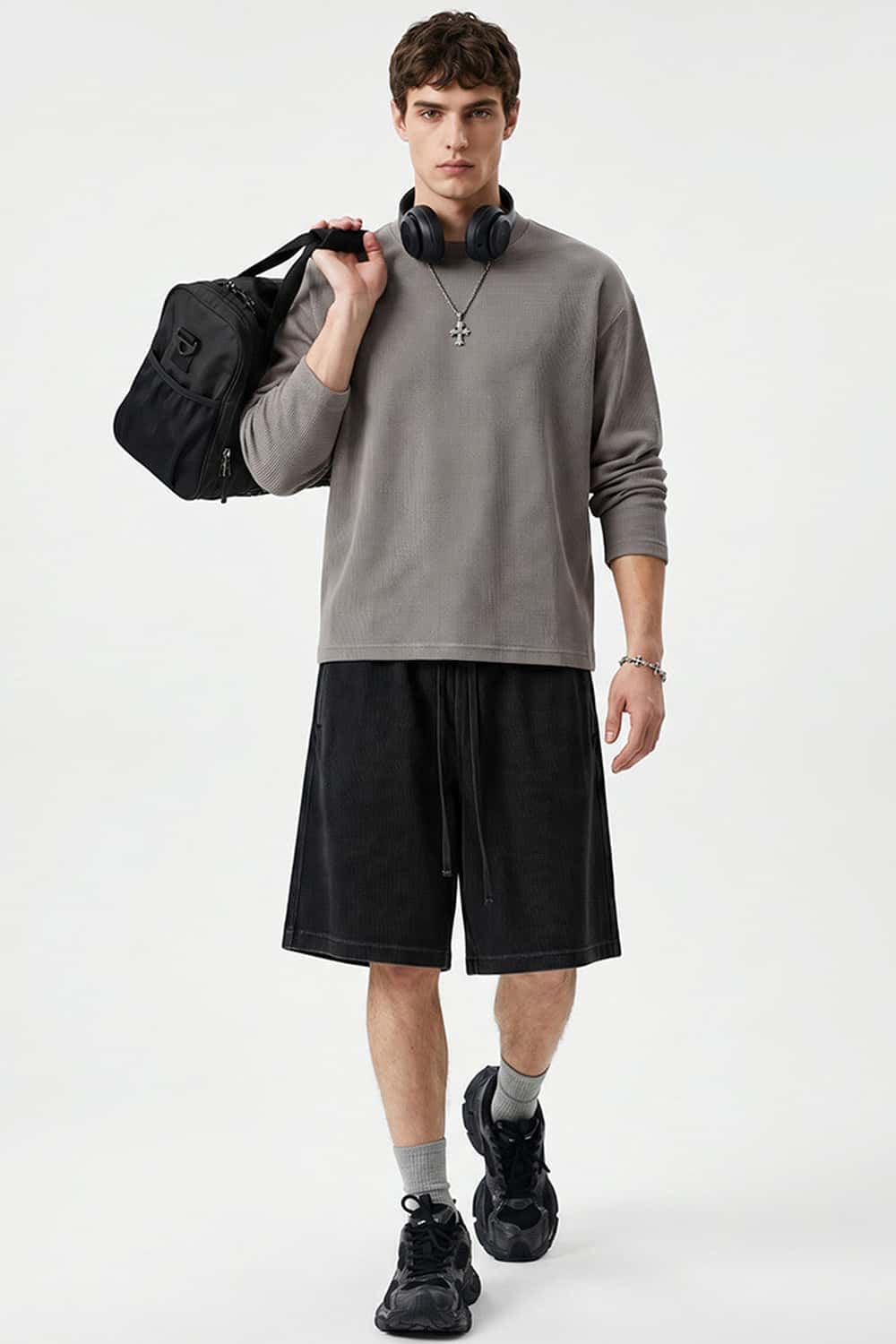 Waffle-Texture Long-Sleeve Top in Vitex Ash - full-length front modeled view