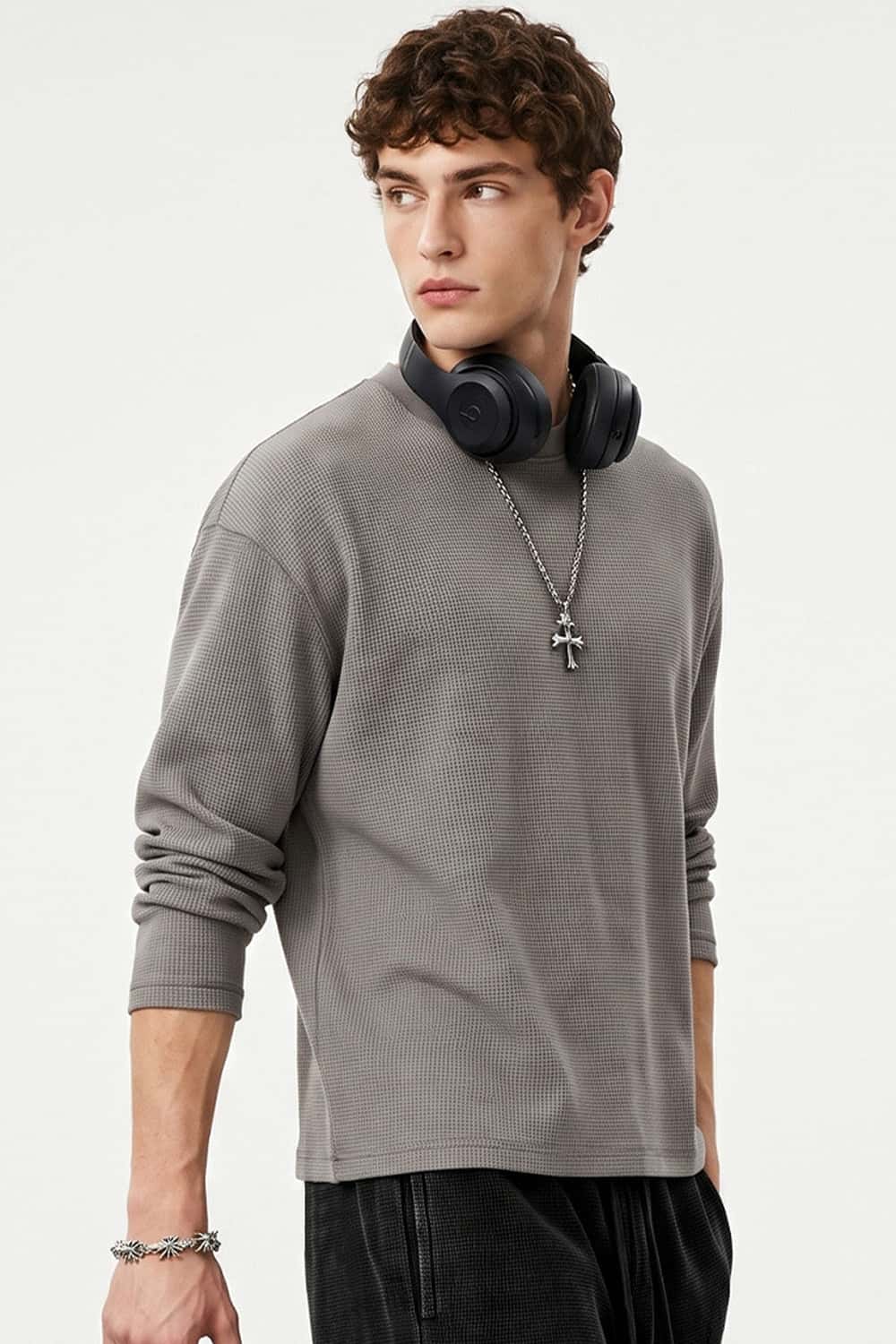 Waffle-Texture Long-Sleeve Top in Vitex Ash - front modeled view