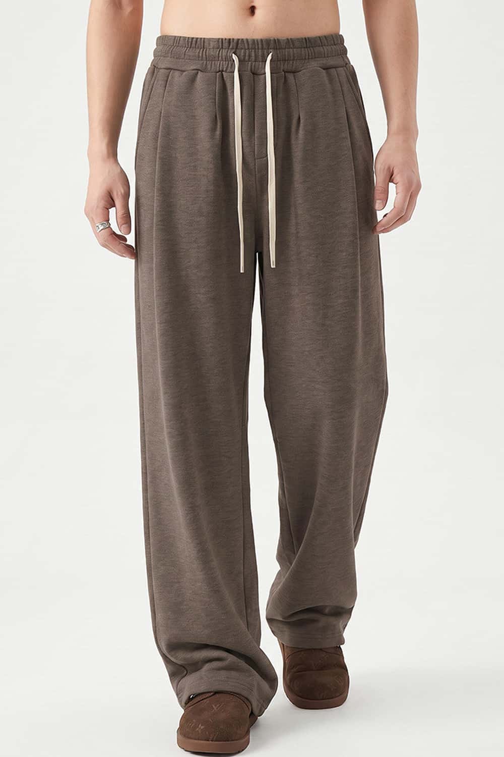 Heavyweight Wide-Leg Trousers in Coffee - front modeled view