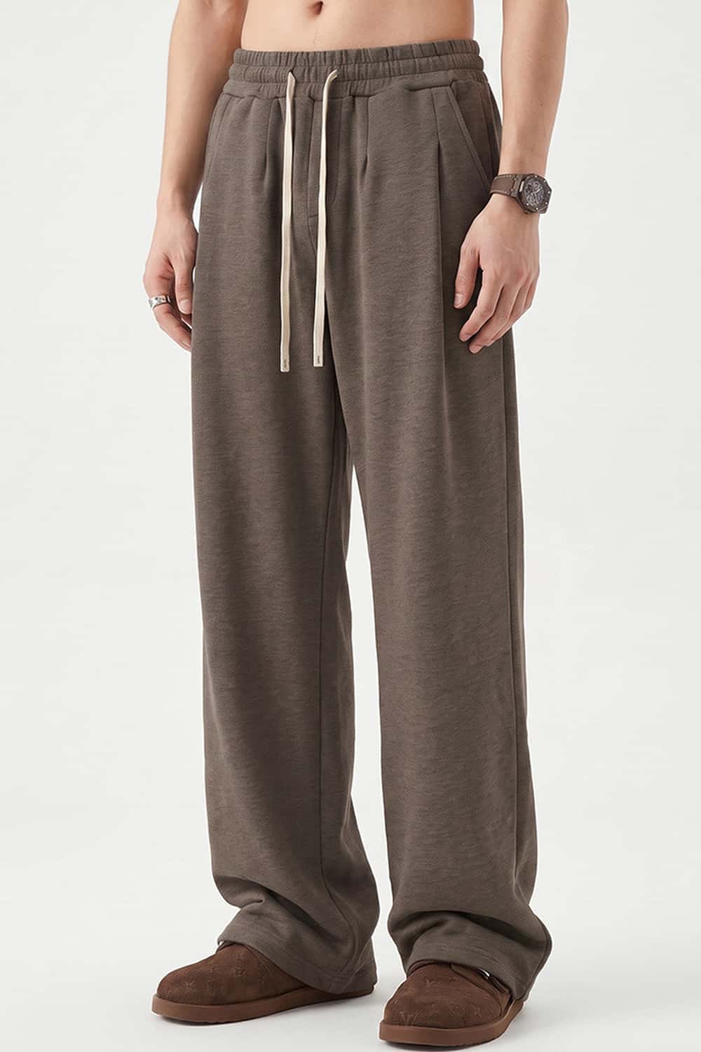 Heavyweight Wide-Leg Trousers in Coffee - three-quarter front modeled view