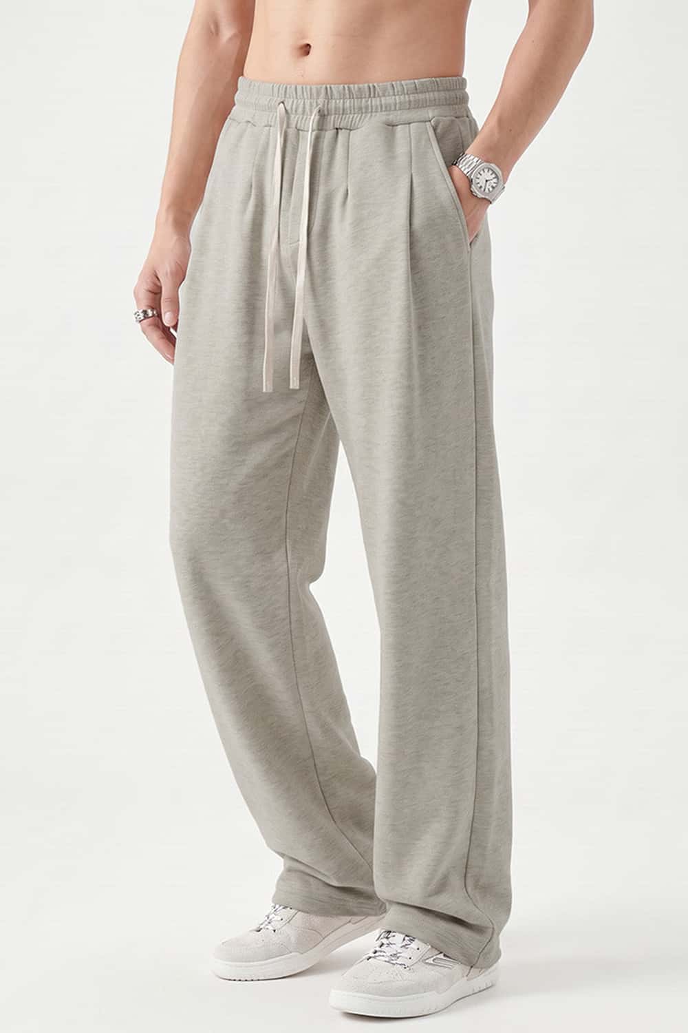 Heavyweight Wide-Leg Trousers in Oat Gray - three-quarter front modeled view