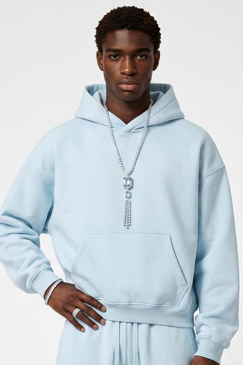 Fleece-Lined Boxy Pullover Hoodie in Baby Blue - front modeled view