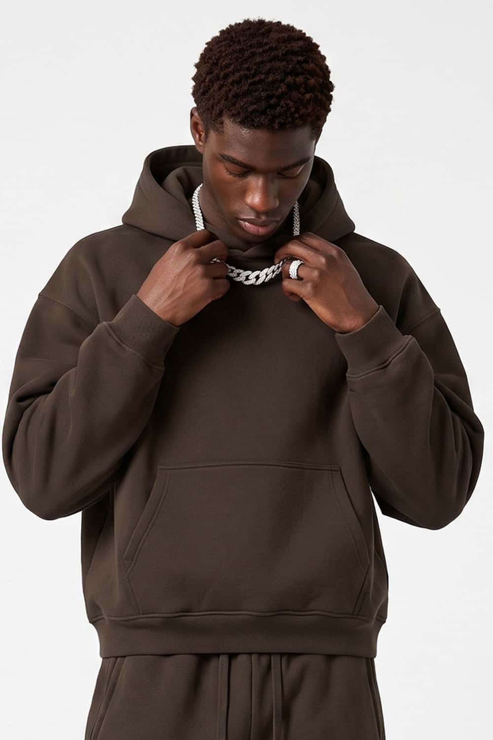 Fleece-Lined Boxy Pullover Hoodie in Brown - front modeled view
