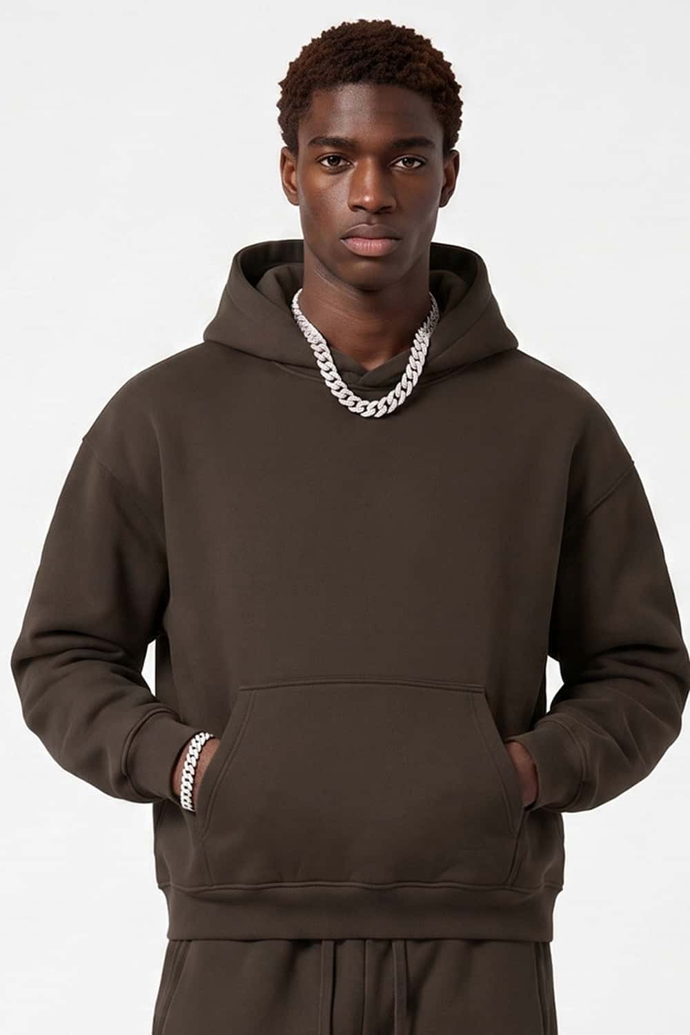 Fleece-Lined Boxy Pullover Hoodie in Brown - front modeled view
