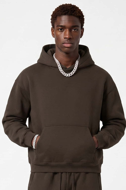 Fleece-Lined Boxy Pullover Hoodie in Brown - front modeled view