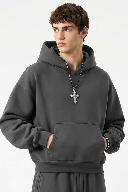 Fleece-Lined Boxy Pullover Hoodie in Dark Gray - three-quarter front modeled view
