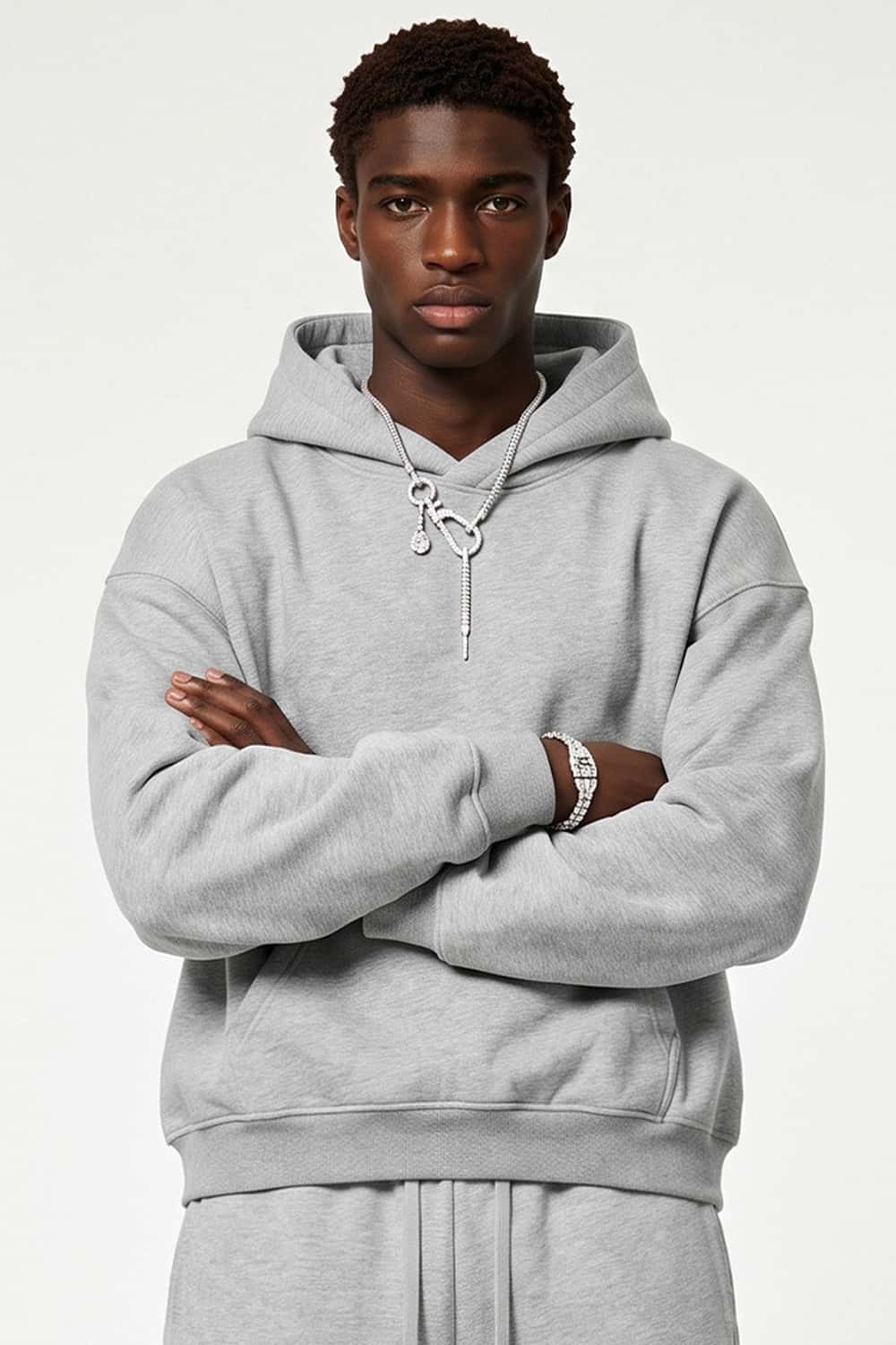 Fleece-Lined Boxy Pullover Hoodie in Flower Gray - front modeled view