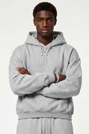 Fleece-Lined Boxy Pullover Hoodie in Flower Gray - front modeled view