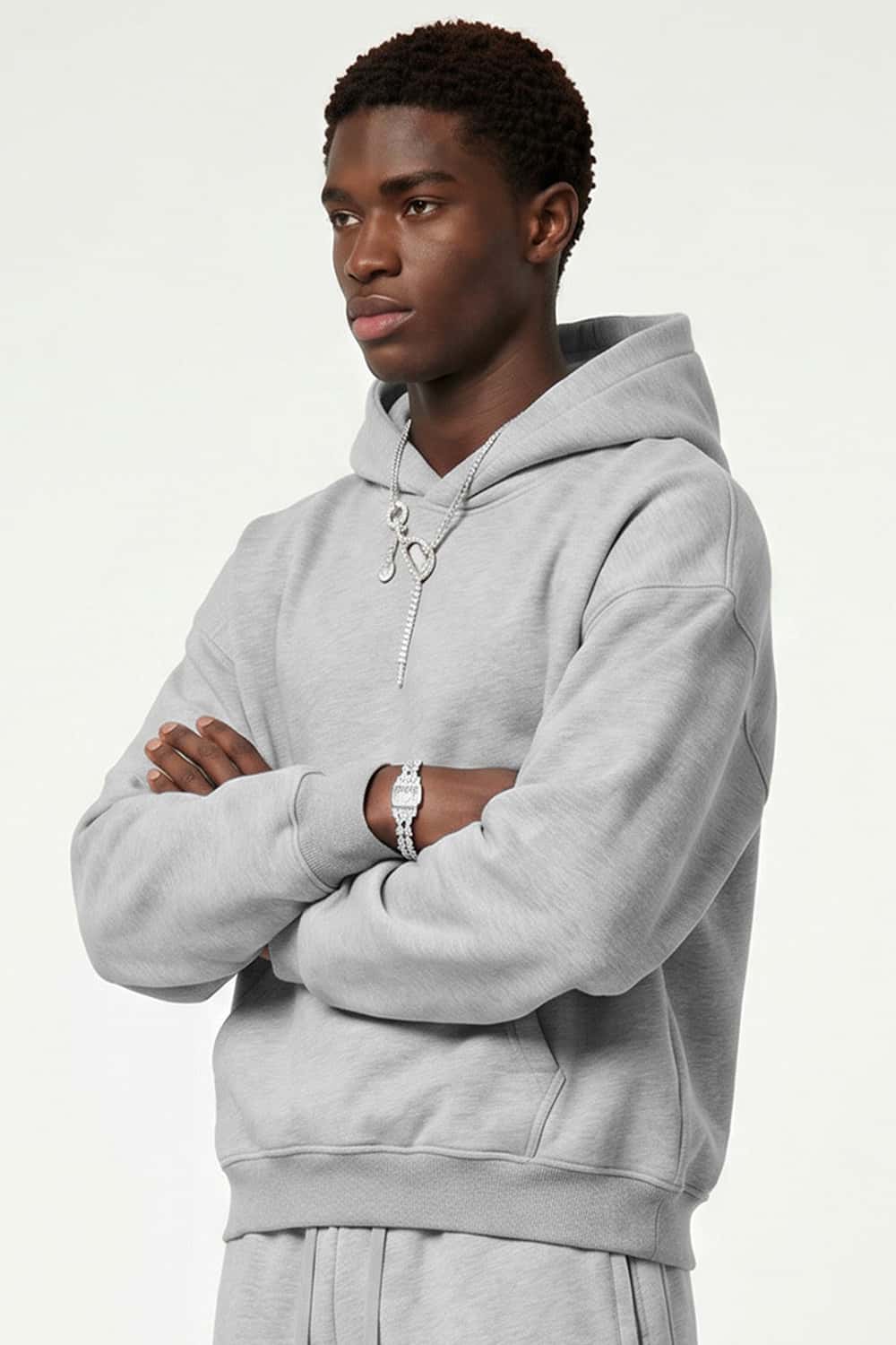 Fleece-Lined Boxy Pullover Hoodie in Flower Gray - three-quarter front modeled view
