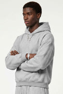 Fleece-Lined Boxy Pullover Hoodie in Flower Gray - three-quarter front modeled view
