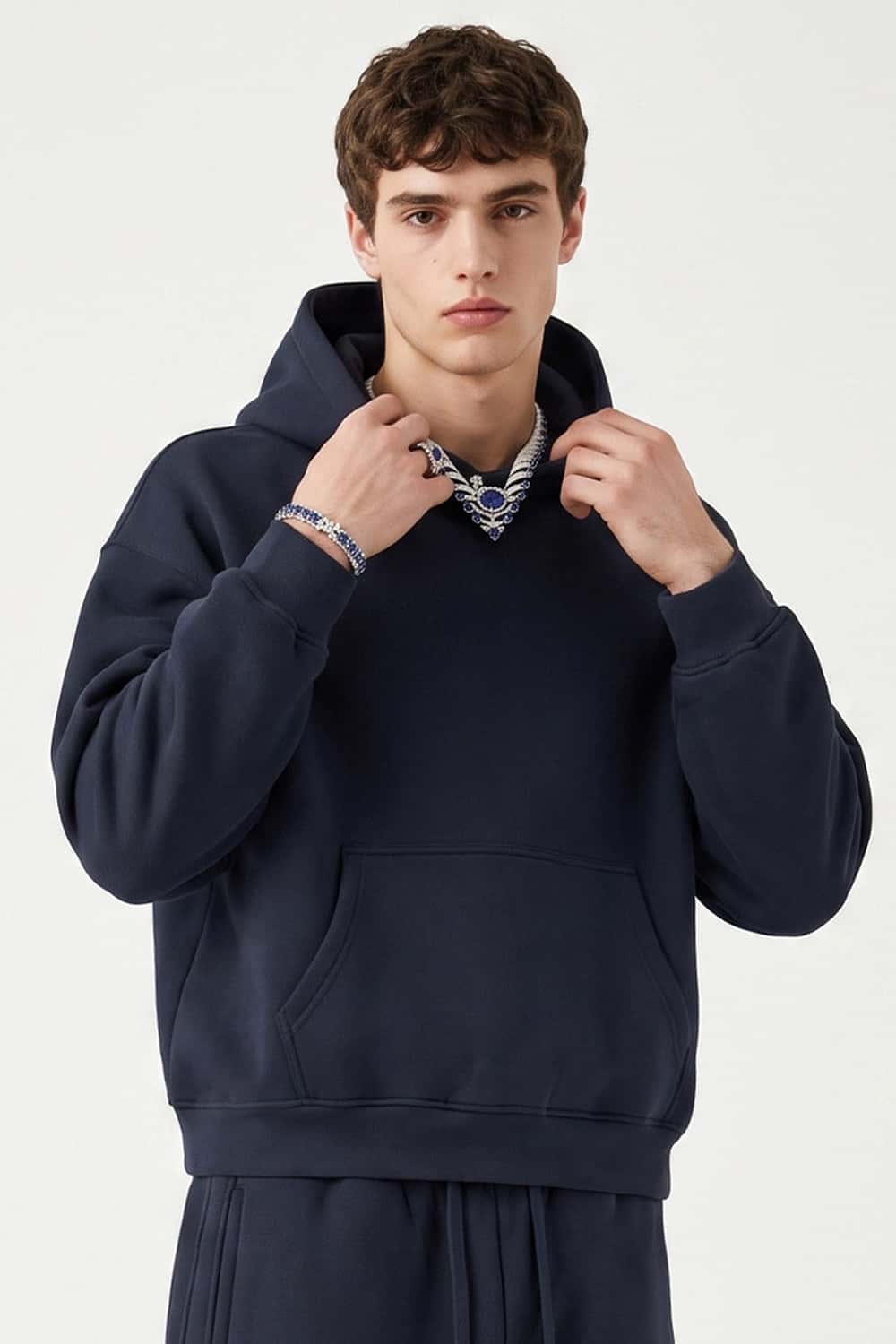 Fleece-Lined Boxy Pullover Hoodie in Midnight Blue - front modeled view
