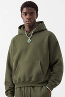 Fleece-Lined Boxy Pullover Hoodie in Military Green - front modeled view