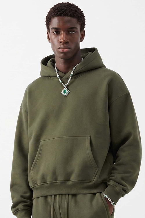Fleece-Lined Boxy Pullover Hoodie in Military Green - front modeled view