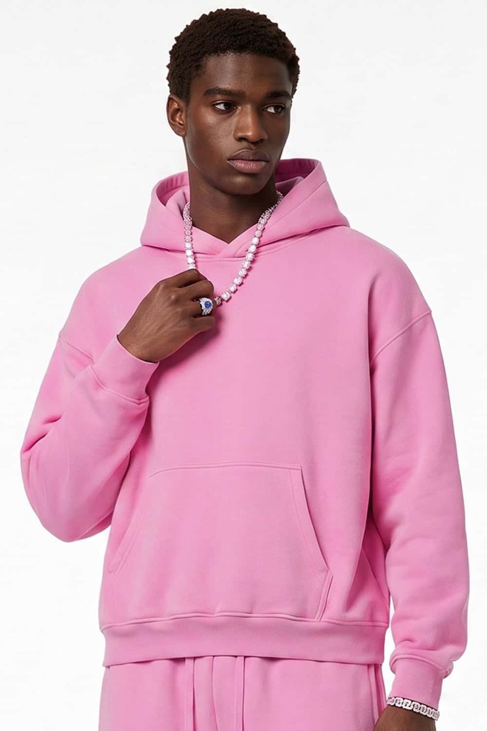 Fleece-Lined Boxy Pullover Hoodie in Pink - three-quarter front modeled view
